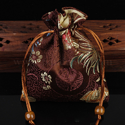 中国風の花柄のサテンジュエリーパッキングポーチ  巾着ギフトバッグ  長方形  ココナッツブラウン  14x11cm