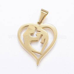 Mother's Day Theme 304 Stainless Steel Pendants, Heart, with Mother and Baby, Golden, 30x26x2mm, Hole: 9x5mm