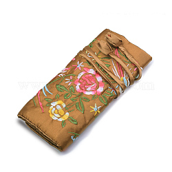 Pochettes en rouleau à fermeture éclair en soie rectangle rétro, sacs de rangement de bijoux de fleurs brodées avec corde à cordon, chameau, 20x9 cm, ouvert: 27x20cm