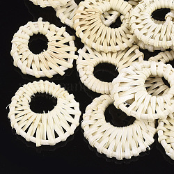 Handmade Reed Cane/Rattan Woven Pendants, For Making Straw Earrings and Necklaces, Flat Round, Lemon Chiffon, 38~48x5mm, Hole: 16~20mm