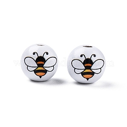 Perles en bois imprimées sur le thème des abeilles, ronde, blanc, motif d'abeilles, 15.5~16x15mm, Trou: 3.5mm