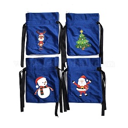 Бархатные мешочки для рождественской тематики, шнурок сумки, прямоугольник с рисунком оленя/деда мороза/елки/снеговика, темно-синий, 16.5x12.5 см, 4 стиль, 1шт / стиль, 4 шт / комплект