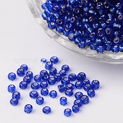 8/0 perline di vetro, foro tondo argento rivestito, tondo, blu, 3mm, Foro: 1 mm, circa 1097pcs/50g