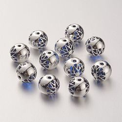 K9 perles de verre, recouvert de laiton, ronde avec motif de fleurs, 925 argent sterling plaqué, bleu moyen, 10.2x9.2mm, Trou: 1.5mm