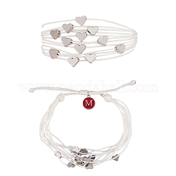 Bracelet cordon multi rangs avec breloque initiale lettre m, bracelet coeur réglable femme, blanc, diamètre intérieur: 1-3/4~3-1/4 pouce (4.5~8.2 cm)
