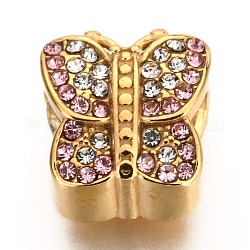 Abalorios europeos de 304 acero inoxidable, Abalorios de grande agujero, con diamante de imitación, mariposa, rosa luz, 12x12x8mm, agujero: 4 mm