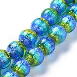 Perles vernissées de feuille en argent manuelles, lumineux, brillent dans le noir, ronde, bleu, 10mm, Trou: 1.4mm