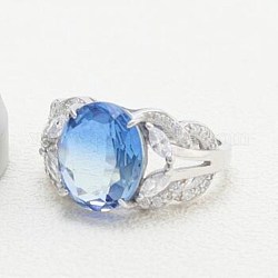 925 anelli da dito in argento sterling regolabili per le donne, stile a quattro rebbi intarsiato con vetro, cielo blu, platino