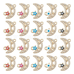 20Pcs 5 Colors Moon Alloy Enamel Connector Charms, Evil Eye Star Links, with Crystal Rhinestone, Light Gold, Mixed Color, 19.5x16x2mm, Hole: 1.8mm, 4pcs/color