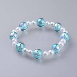 Transparent Acrylic Imitated Pearl  Stretch Kids Bracelets, with Transparent Acrylic Beads, Round, Blue, 1-7/8 inch(4.7cm)