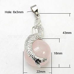 Natural Rose Quartz Pendants, with Platinum Brass Findings, Round, Pink, 43x22x18mm, Hole: 6x4mm