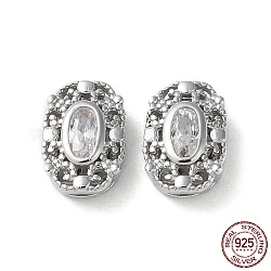 Oval Rhodium Plated 925 Sterling Silver Hollow Out Beads, with Cubic Zirconia, Long-Lasting Plated, with S925 Stamp, Platinum, 8.5x6x3mm, Hole: 4.5x0.5mm