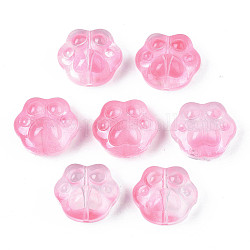 Transparent Spray Painted Glass Beads, Bear Paw, Pink, 13.5x15x8.5mm, Hole: 1mm