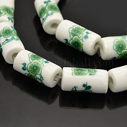 Handmade Flower Printed Porcelain Ceramic Column Beads Strands, Lime Green, 17~18x9mm, Hole: 3mm, about 20pcs/strand, 14.2inch