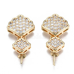 Brass Micro Pave Clear Cubic Zirconia Peg Bails Pendants, for Half Drilled Bead, Nickel Free, Fan, Real 18K Gold Plated, 22~24x11.5x4mm, Hole: 2.5x1mm, Pin: 0.6mm