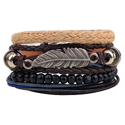 Foglia cordoncino di cuoio intrecciato lega regolabile in perline di legno bracciali a più fili, bracciali impilabili, 4 fili / set, colorato, 60mm