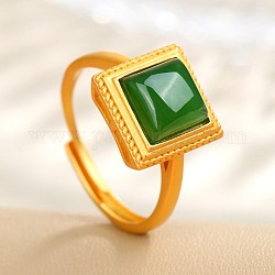 Regolabili 925 anelli di barretta d'argento sterlina, con giada verde hetian naturale, quadrato, oro