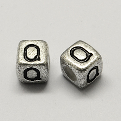 Antique Silver Plated Large Hole Acrylic Letter European Beads, Horizontal Hole, Cube with Letter.Q, 6x6x6mm, Hole: 4mm, about 2950pcs/500g