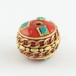 Oval Handmade Indonesia Beads, with Alloy Antique Bronze Metal Color Cores, Crimson, 15x18mm, Hole: 2mm