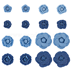 SUPERFINDINGS 16Pcs Fabric Flower Blue Denim Cloth Flowers 8 Style Camelia Sewing Flowers for Clothes Hairclips Decoration DIY Costume Accessories
