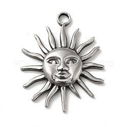 Pendentifs en 304 acier inoxydable, soleil avec des breloques de visage humain, argent antique, 30x25x3.5mm, Trou: 3mm