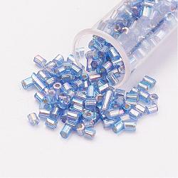 11/0 Two Cut Round Hole Glass Seed Beads, Hexagon, Silver Lined, Rainbow Plated, Pale Goldenrod, 2x2mm, Hole: 0.5mm, about 41000pcs/pound