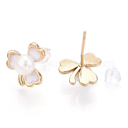Clover Natural Pearl Stud Earrings with Enamel, Brass Earring with 925 Sterling Silver Pins, Real 18K Gold Plated, 13.5x13mm, Pin: 12x0.8mm