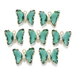 Glass Pendants, with Micro Pave Cubic Zirconia and Brass Open Back Settings, Faceted, Butterfly, Light Gold, Sea Green, 15.5x20x4mm, Hole: 1.8mm