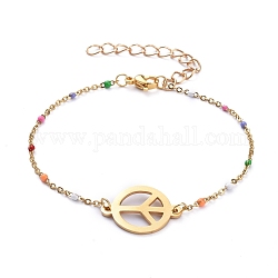 Peace Sign 201 Stainless Steel Link Bracelets, with 304 Stainless Steel Enamel Link Chains and Lobster Claw Clasps, Golden, 7-5/8 inch(19.5cm)