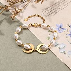 Pulseras de latón con luna creciente, Con perlas de imitación de plástico., Corchetes de garra langosta de 304 acero inoxidable, dorado, 7-3/8 pulgada (18.6 cm)