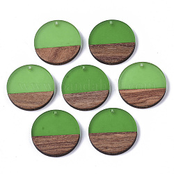 Transparent Resin & Walnut Wood Pendants, Flat Round, Green, 28.5x3.5~4mm, Hole: 1.5mm