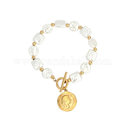 Natural Pearl Rectangle & Flat Round Beaded Bracelet with Stainless Steel Coin Charms, Golden, 7-7/8 inch(20cm)