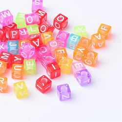 Perles en acrylique transparente, trou horizontal, cube avec la lettre, couleur mixte, 5.5~6x5.5~6x5.5~6mm, Trou: 3mm, environ 2800 pcs/500 g