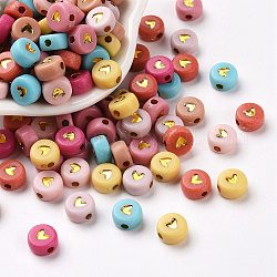 Perles acryliques opaques, plat et circulaire avec coeur, plaqué or, 6.5x7x3mm, Trou: 1.6mm, environ 3600~3700 pcs/500 g