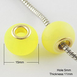 Glass European Beads, with Golden Plated Brass Double Cores, Large Hole Beads, Rubberized Style, Rondelle, Yellow, 15x11mm, Hole: 5mm