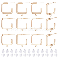BENECREAT 16Pcs Brass Square Stud Earring Findings, Half Hoop Earrings with Horizontal Loops, Nickel Free, with 40Pcs Plastic Ear Nuts, Real 18K Gold Plated, 19x16x2mm, Hole: 1.5mm, Pin: 0.8mm