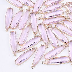 Transparent Glass Pendants, with Brass Findings, Faceted, Teardrop, Light Gold, Pearl Pink, 32x8x4mm, Hole: 1.2mm