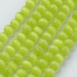 Perles d'oeil de chat, ronde, vert jaune, 6mm, Trou: 1mm, Environ 66 pcs/chapelet, 14.5 pouce / brin