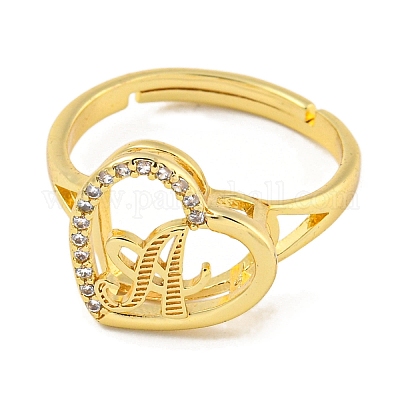 Сердце с буквой стойка покрытие латунь микро паве кубический цирконий регулируемые кольца для женщин RJEW-I105-06G-A-1
