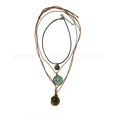 Синтетическая бирюза макраме мешочек и сплав стекла кулон солнце 3 слой ожерелья для женщин FS-WG9A89D-01-1