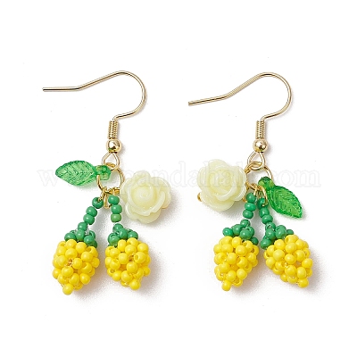 Цветок с вишней 304 нержавеющая сталь стеклянные бусины подвесные серьги EJEW-MZ00419-04-1