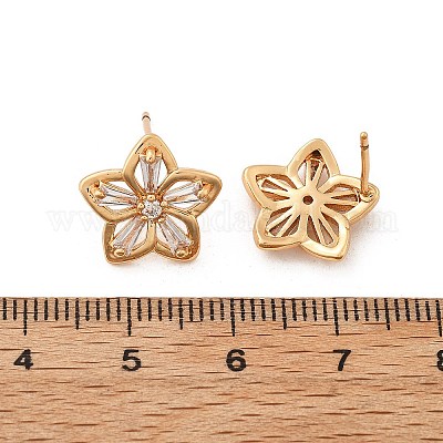 Цветочные латунные серьги-гвоздики с кубическим цирконием для женщин EJEW-G428-28C-02-1