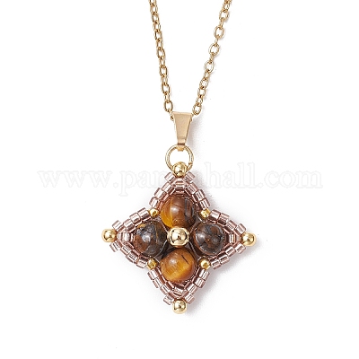 Ожерелья с подвесками в виде звезд из натурального тигрового глаза и стеклянных бусин NJEW-MZ00108-02-1