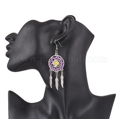 Плоские круглые с перьями стеклянные бусины ручной работы серьги-люстры EJEW-MZ00473-01-1