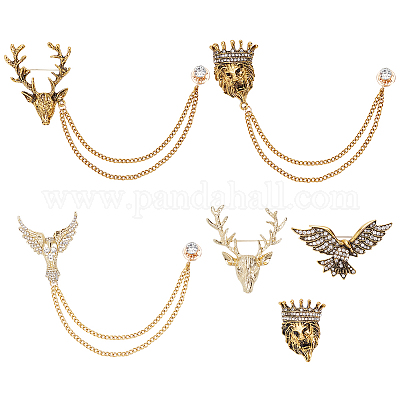 Wadorn® 6pcs 6 broches style lion & aigle & cerf strass épingle à nourrice  en gros pour création de bijoux 