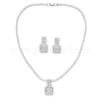 Комплекты из квадратных латунных подвесок с микропаве из прозрачных кубических цирконий и серег-гвоздиков FS-WG98D1F-01-1