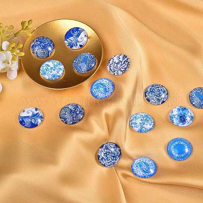 Сине-белые стеклянные кабошоны с принтом GGLA-SZ0001-13-1