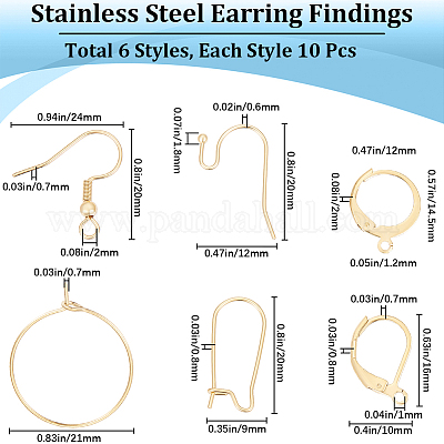 60 шт. 6 стиля фурнитуры для сережек из хирургической нержавеющей стали 304 и 316L DIY-BBC0001-74-1