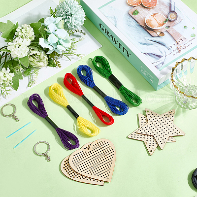 1 набор для начинающих с вышивкой деревянного брелока в виде сердца и звезды DIY-SC0030-07-1