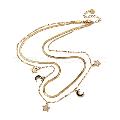 Двухслойные ожерелья с кисточками в виде луны и звезд из нержавеющей стали 304 NJEW-F346-02G-1